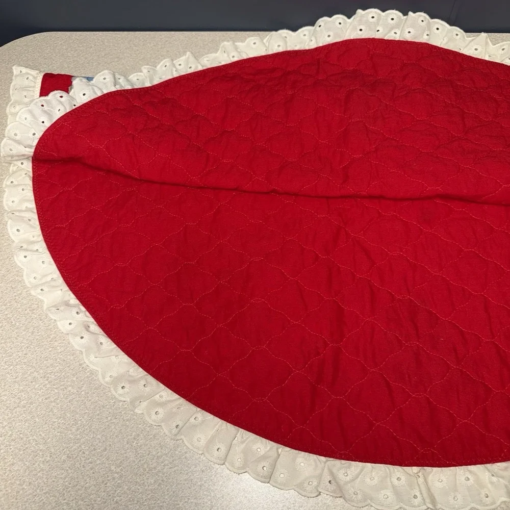 Vtg Country Geese 3ft Red Christmas Tree Skirt Bears Bows Ruffle Edge Red 80s